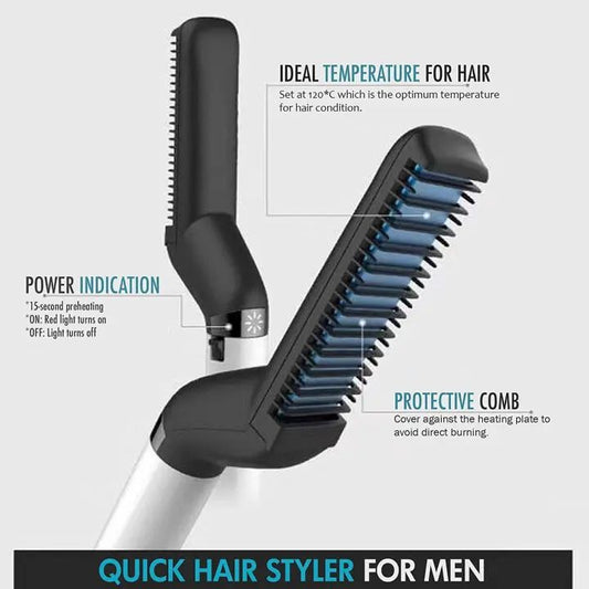 Men’s Hair & Beard Straightening Comb | Quick Electric Styler Brush